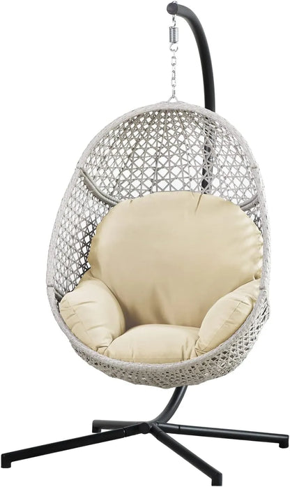 PRIVATE GARDEN Large Hanging Egg Chair with Stand Upgraded Wicker Egg Swing Chair Outdoor Indoor PE Rattan Hanging Chair with Grey Comfort Cushion Heavy Duty C-Stand