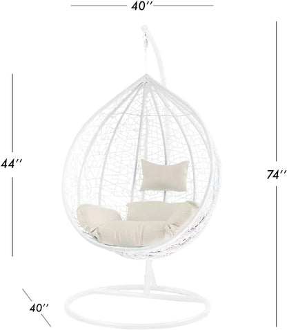 J.M.Deco Porch Swing Chair with Stand, Cushion & Pillow, Goldden Egg Rattan Wicker Swing Hanging Chair, Hammock Chair for Indoor, Outdoor, Garden, Backyard & Patio