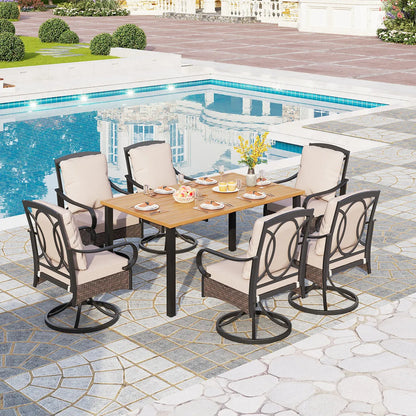 7-Piece Patio Dining Set With 6 Cushioned Steel & Rattan Chairs and Rectangle Table