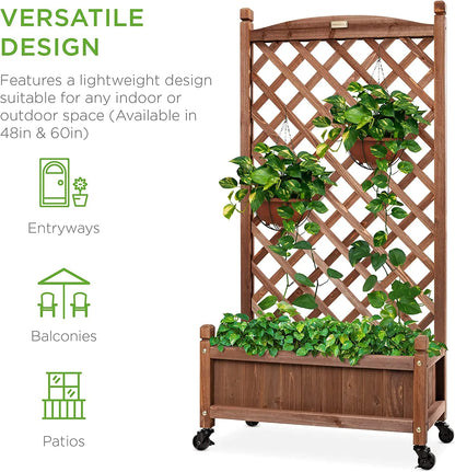 Set of 2 48in Wood Planter Box & Diamond Lattice Trellis, Mobile Outdoor Raised Garden Bed for Climbing Plants w/Drainage Holes, Optional Wheels - Walnut