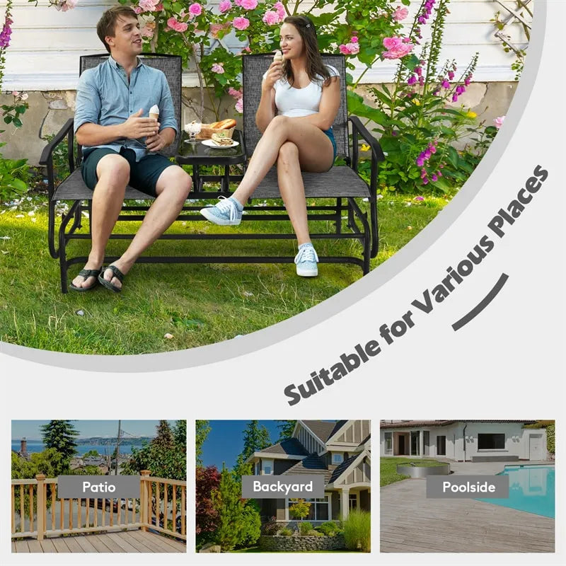 Outdoor 2-Person Rocking Loveseat Patio Bench Glider Chair with Center Tempered Glass Table