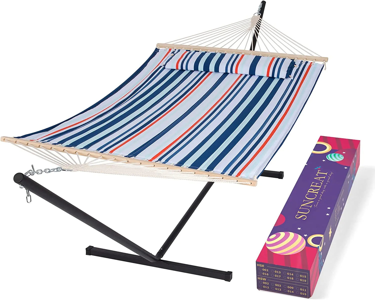 55 Inch Extra Large Double Hammock with Stand, 475lbs Capacity, Outdoor Portable Hammock with Hardwood Spreader Bar, Extra Large Pillow