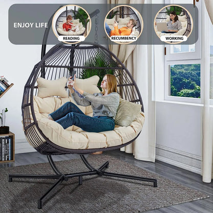 JOYBASE Hanging Egg Chair with Stand, Outdoor Wicker Rattan Egg Swing Chair with Stand and Cushion for Indoor Outdoor Bedroom Patio Garden (Grey/Black)
