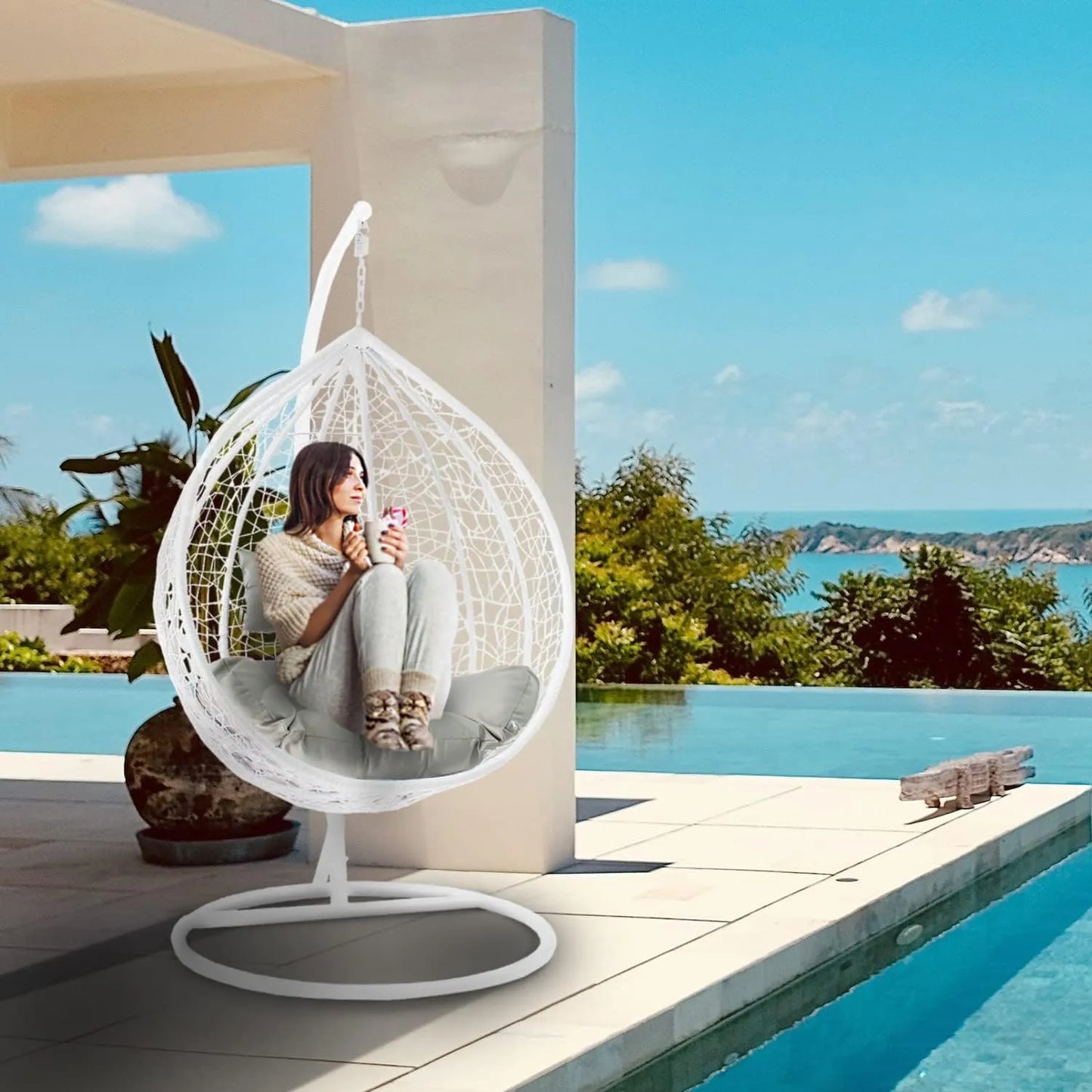 J.M.Deco Porch Swing Chair with Stand, Cushion & Pillow, Goldden Egg Rattan Wicker Swing Hanging Chair, Hammock Chair for Indoor, Outdoor, Garden, Backyard & Patio