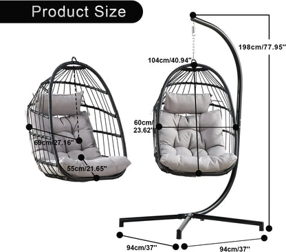 PRIVATE GARDEN Large Hanging Egg Chair with Stand Upgraded Wicker Egg Swing Chair Outdoor Indoor PE Rattan Hanging Chair with Grey Comfort Cushion Heavy Duty C-Stand
