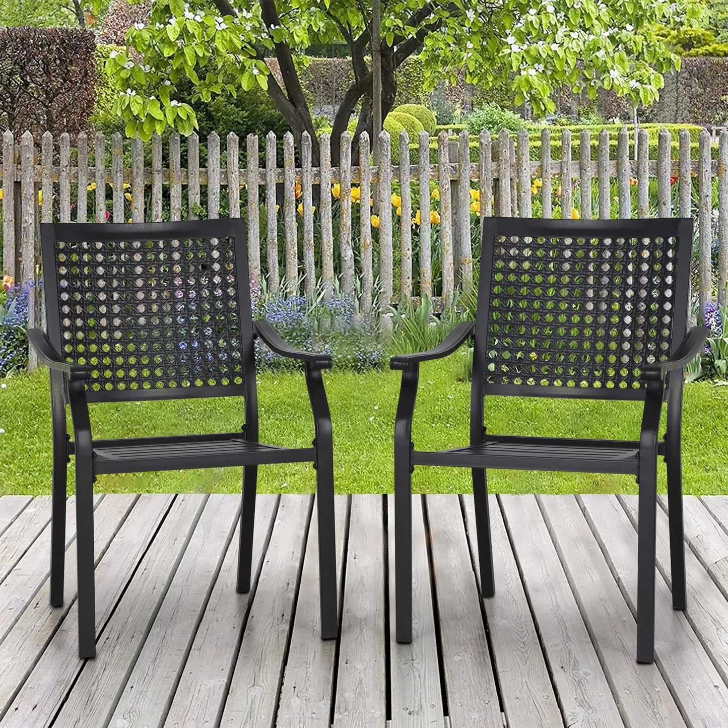 Outdoor Fixed Steel Dining Chairs with Bullseye Flower Pattern - Set of 2