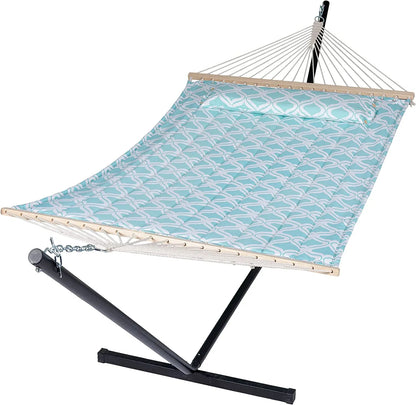 55 Inch Extra Large Double Hammock with Stand, 475lbs Capacity, Outdoor Portable Hammock with Hardwood Spreader Bar, Extra Large Pillow