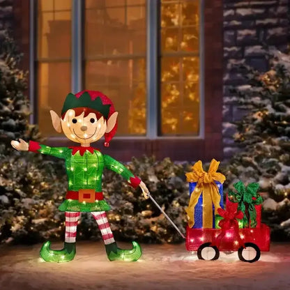 2 Piece Elf Pulling Wagon Lighted Display Set