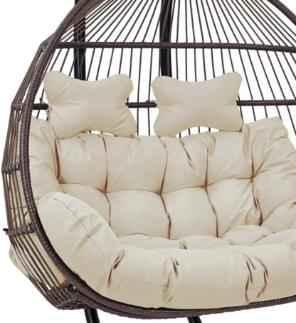 Hanging Egg Chair with Stand, 2 Person Heavy Duty Hanging Wicker Rattan Swing Chair Basket Hammock Nest Chair Seat for Indoor Outdoor Patio Lounger Swinging Loveseat (Beige)