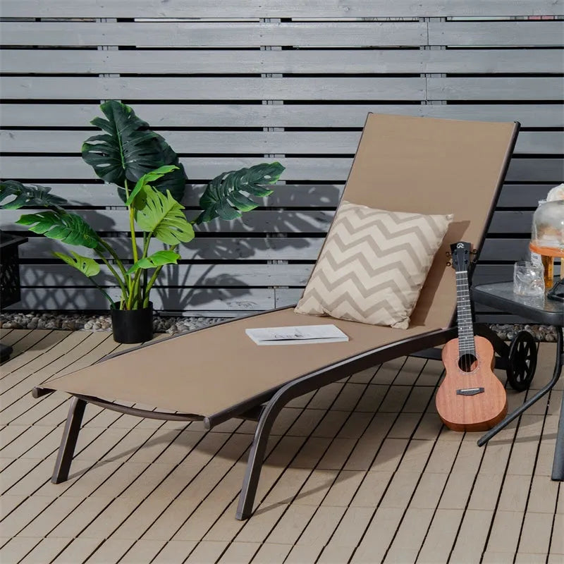 Outdoor Chaise Lounge Chair 6-Position Adjustable Patio Recliner Chair with Wheels for Backyard Pool