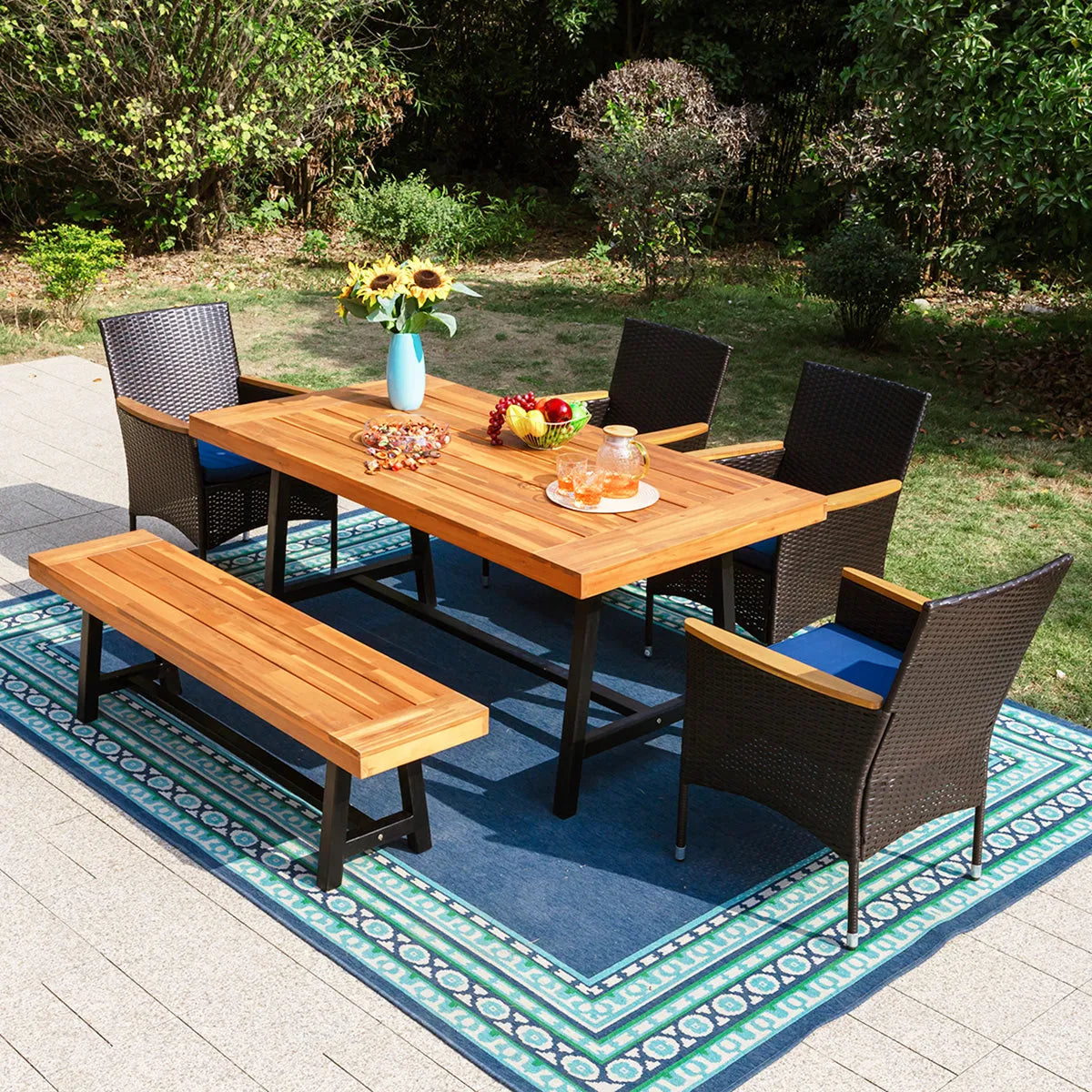 6 Piece Outdoor Dining Set with Acacia Wood Table & Wooden Bench and 4 Cushioned Rattan Wicker Chairs