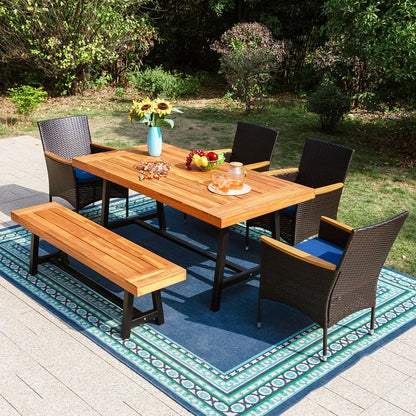 6 Piece Outdoor Dining Set with Acacia Wood Table & Wooden Bench and 4 Cushioned Rattan Wicker Chairs
