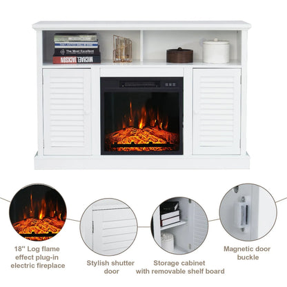 47" 1400W Electric Fireplace TV Stand Heater with Built-In Bookshelves and Cupboards - White