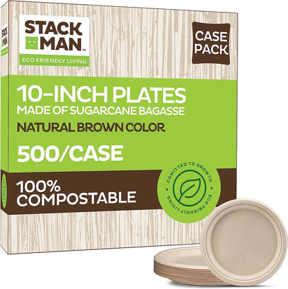 100% Compostable Paper Plates 9 Inch [500 Count] Heavy-Duty Dinner Plates - Natural Brown Color Unbleached Bagasse - Eco-Friendly Disposable Biodegradable Sugarcane Plates - [Bulk Case 4/125 Pack]