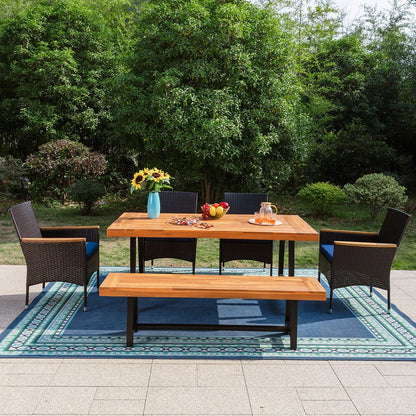 6 Piece Outdoor Dining Set with Acacia Wood Table & Wooden Bench and 4 Cushioned Rattan Wicker Chairs