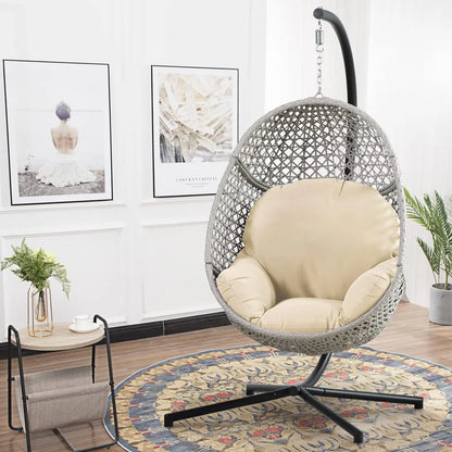 PRIVATE GARDEN Large Hanging Egg Chair with Stand Upgraded Wicker Egg Swing Chair Outdoor Indoor PE Rattan Hanging Chair with Grey Comfort Cushion Heavy Duty C-Stand