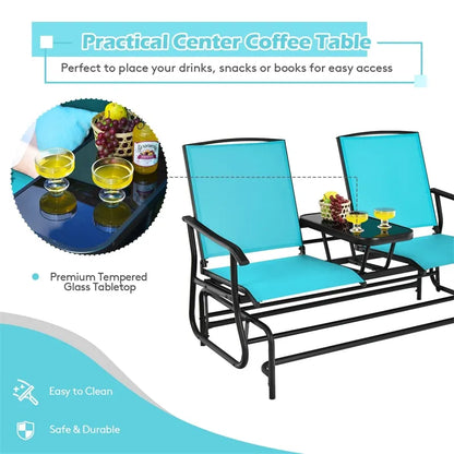 Outdoor 2-Person Rocking Loveseat Patio Bench Glider Chair with Center Tempered Glass Table