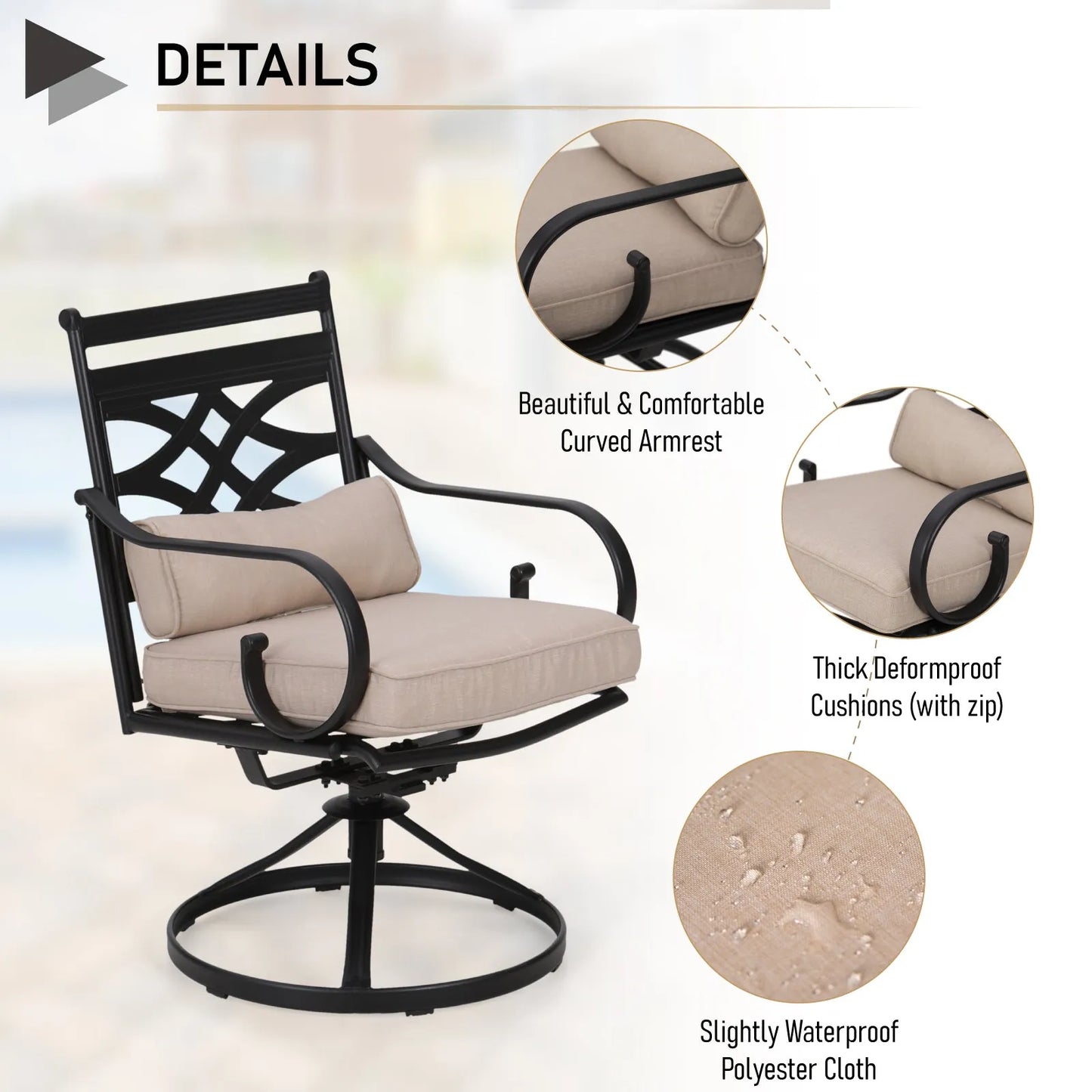 5-Piece Outdoor Dining Set 4 Swivel Steel Chairs and Square Table