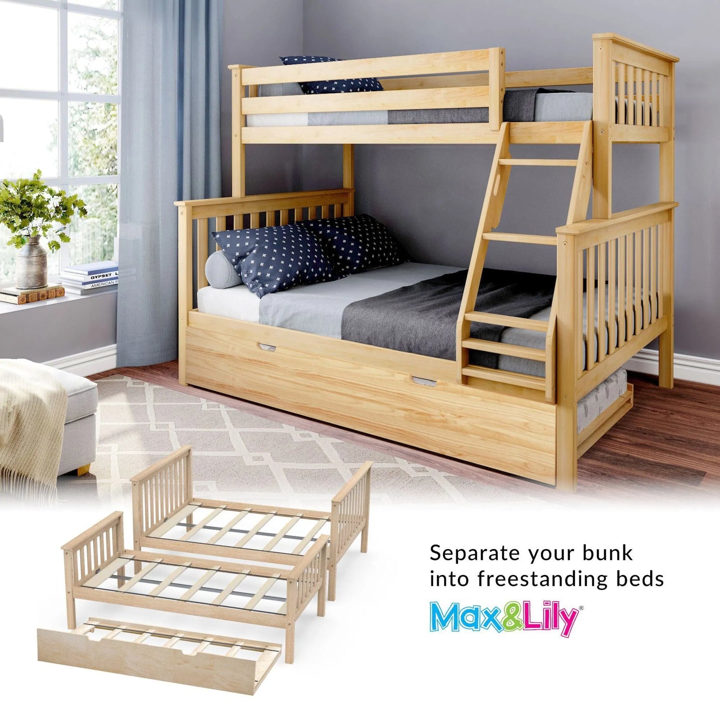 &#127876;Store Closing Sale&#128150;Kids Solid Wood Twin-Over-Full Bunk Bed + Trundle Bed