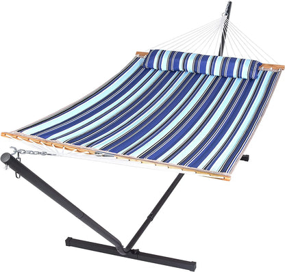 55 Inch Extra Large Double Hammock with Stand, 475lbs Capacity, Outdoor Portable Hammock with Hardwood Spreader Bar, Extra Large Pillow