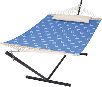 55 Inch Extra Large Double Hammock with Stand, 475lbs Capacity, Outdoor Portable Hammock with Hardwood Spreader Bar, Extra Large Pillow