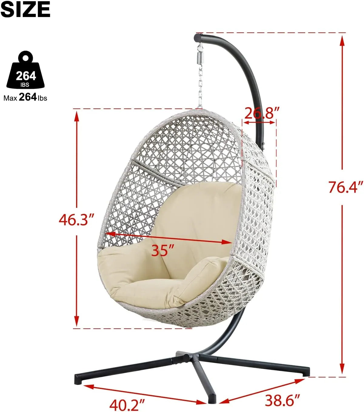 PRIVATE GARDEN Large Hanging Egg Chair with Stand Upgraded Wicker Egg Swing Chair Outdoor Indoor PE Rattan Hanging Chair with Grey Comfort Cushion Heavy Duty C-Stand