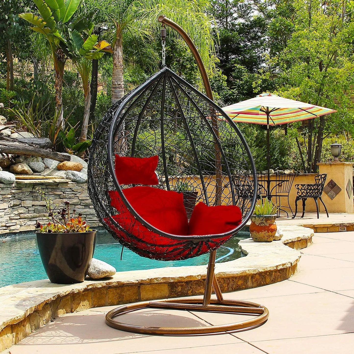 J.M.Deco Porch Swing Chair with Stand, Cushion & Pillow, Goldden Egg Rattan Wicker Swing Hanging Chair, Hammock Chair for Indoor, Outdoor, Garden, Backyard & Patio