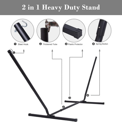 55 Inch Extra Large Double Hammock with Stand, 475lbs Capacity, Outdoor Portable Hammock with Hardwood Spreader Bar, Extra Large Pillow