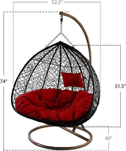 J.M.Deco Porch Swing Chair with Stand, Cushion & Pillow, Goldden Egg Rattan Wicker Swing Hanging Chair, Hammock Chair for Indoor, Outdoor, Garden, Backyard & Patio