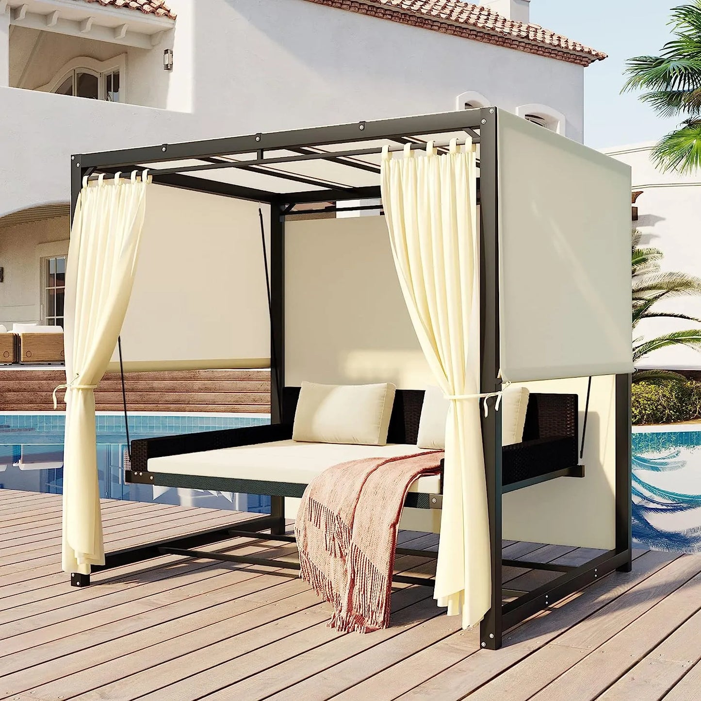 Merax 3-Seat Patio Swing Bed,Outdoor Porch Chair with Adjustable Canopy and Durable Steel Frame for Patio, Garden, Poolside Dark Grey