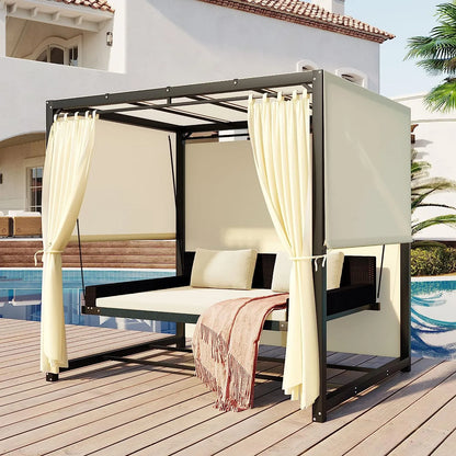 Merax 3-Seat Patio Swing Bed,Outdoor Porch Chair with Adjustable Canopy and Durable Steel Frame for Patio, Garden, Poolside Dark Grey