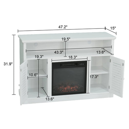 47" 1400W Electric Fireplace TV Stand Heater with Built-In Bookshelves and Cupboards - White