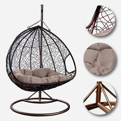 J.M.Deco Porch Swing Chair with Stand, Cushion & Pillow, Goldden Egg Rattan Wicker Swing Hanging Chair, Hammock Chair for Indoor, Outdoor, Garden, Backyard & Patio