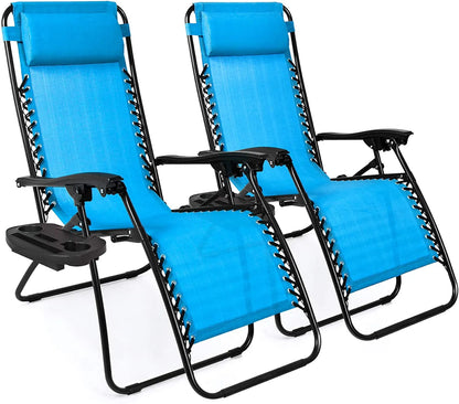 Set of 2 Adjustable Steel Mesh Zero Gravity Lounge Chair Recliners w/Pillows and Cup Holder Trays