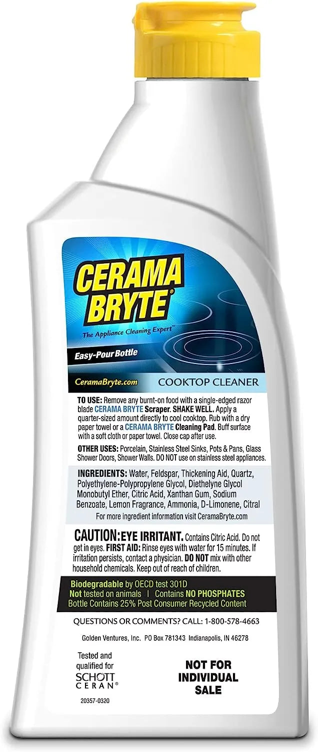 Cerama Bryte Combo Kit POW-R Grip, Scraper, Pad & Removes Tough Stains Cooktop and Stove Top Cleaner for Glass - Ceramic Surfaces, 10 Ounces, 4 Piece