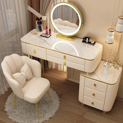 BUJOG Dressing Table with Lighted Mirror, Dressing Table with Padded Stool and 6 Drawers, Dressing Table Set with 3 Colour Lighting Modes, Storage Shelves for Girls and Women Bedrooms