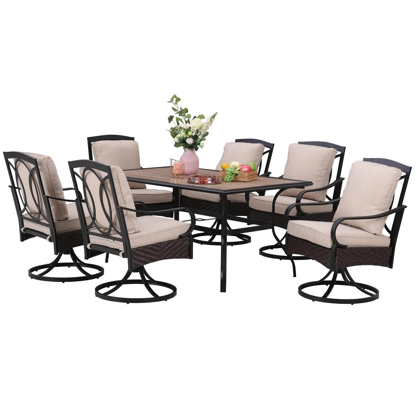 7-Piece Patio Dining Set With 6 Cushioned Steel & Rattan Chairs and Rectangle Table