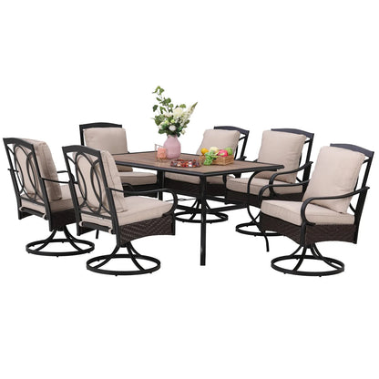 7-Piece Patio Dining Set With 6 Cushioned Steel & Rattan Chairs and Rectangle Table