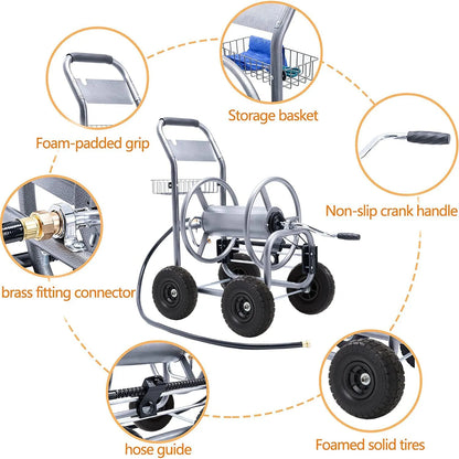 Hose Reel Cart, Hose Reel Cart with Wheels Heavy Duty, Industrial Hose Reels for Outside, 250-Feet of 5/8" Hose Capacity, Hose Guide Installed