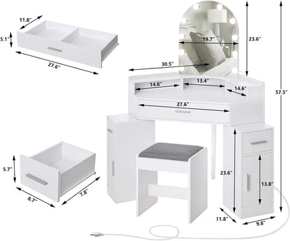 usikey Corner Vanity Desk with Mirror and Lights, Makeup Vanity Table with Charging Station, 3 Drawers & Retractable Side Cabinets, Vanity Desk with Cushioned Stool for Christmas Day, White