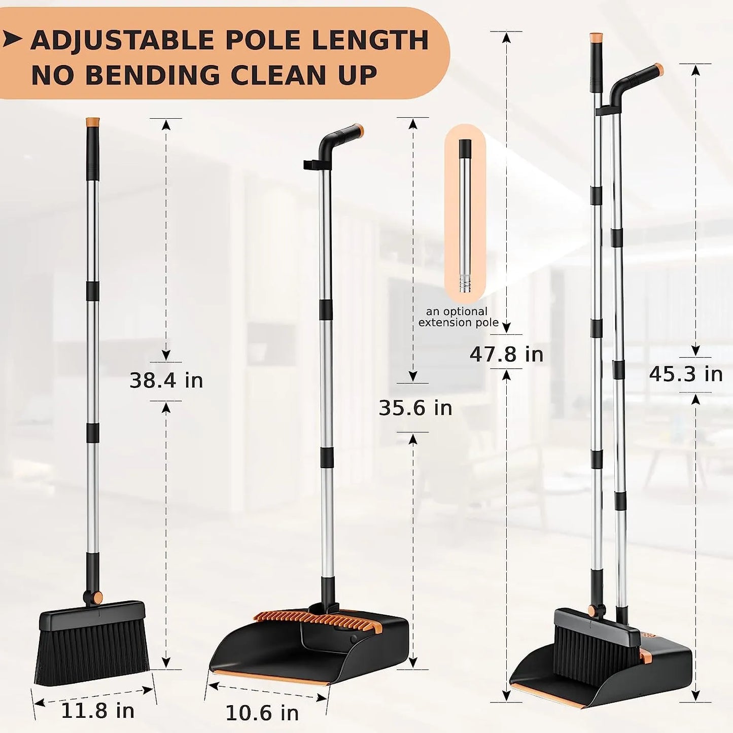 Broom and Dustpan Set, Cleaning Supplies Broom and Dustpan Set for Home, 48" Long Stainless Steel Handle Brooms with Upright Dustpan Combo Set for Home Office Kitchen Lobby Floor Cleaning