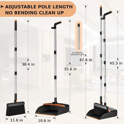 Broom and Dustpan Set, Cleaning Supplies Broom and Dustpan Set for Home, 48" Long Stainless Steel Handle Brooms with Upright Dustpan Combo Set for Home Office Kitchen Lobby Floor Cleaning