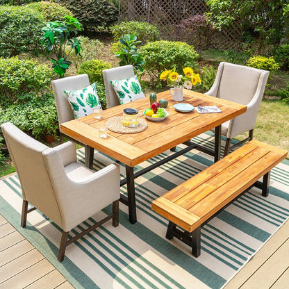 Patio Dining Set with Textilene Chairs/ Acacia Wooden Bench & Acacia Wooden Table