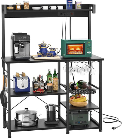 Bakers Rack with Power Outlet, Microwave Stand, Kitchen Storage Shelf with Wire Basket, Coffee Bar Station with Wine Glass Holder, 35.4" Kitchen Rack for Spices, Pots, and Pans