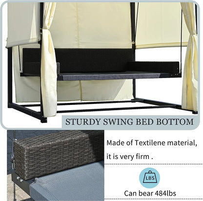 Merax 3-Seat Patio Swing Bed,Outdoor Porch Chair with Adjustable Canopy and Durable Steel Frame for Patio, Garden, Poolside Dark Grey