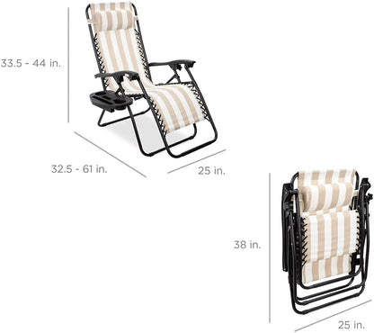 Set of 2 Adjustable Steel Mesh Zero Gravity Lounge Chair Recliners w/Pillows and Cup Holder Trays