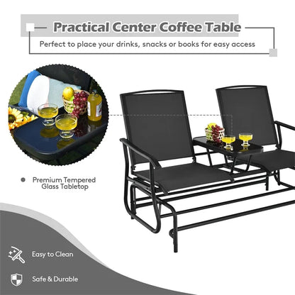 Outdoor 2-Person Rocking Loveseat Patio Bench Glider Chair with Center Tempered Glass Table