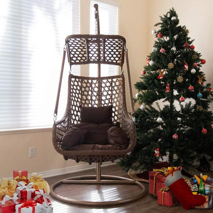 J.M.Deco Porch Swing Chair with Stand, Cushion & Pillow, Goldden Egg Rattan Wicker Swing Hanging Chair, Hammock Chair for Indoor, Outdoor, Garden, Backyard & Patio