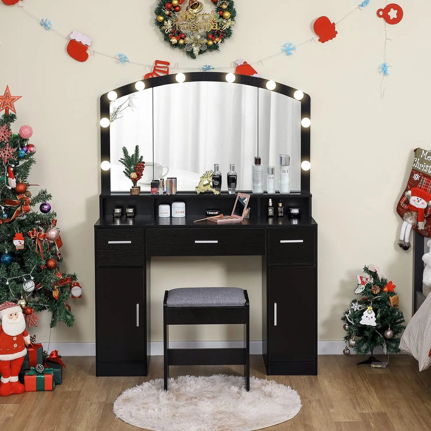 usikey Large Vanity Set with Large Lighted Mirror, Modern Makeup Vanity Table with 3 Drawers, 2 Storage Cabinets & 10 LED Bulbs, Dressing Table with Cushioned Stool for Women, Bedroom, Black