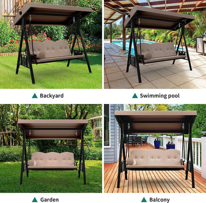 YITAHOME 3-Seat Deluxe Porch Swing Outdoor Heavy Duty Patio Swing Chair with Adjustable Canopy Removable Cushions Weather Resistant Steel Frame Suitable for Garden, Lawn, Backyard, Balcony, Brown